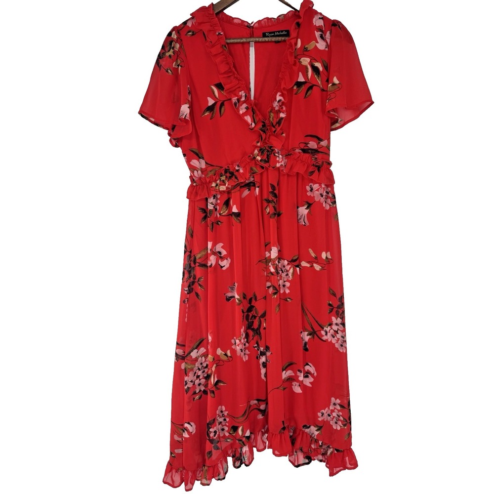Ryan‎ Michelle Red Floral Ruffle Dress Large Fairy Flowy sheer romantic empire
